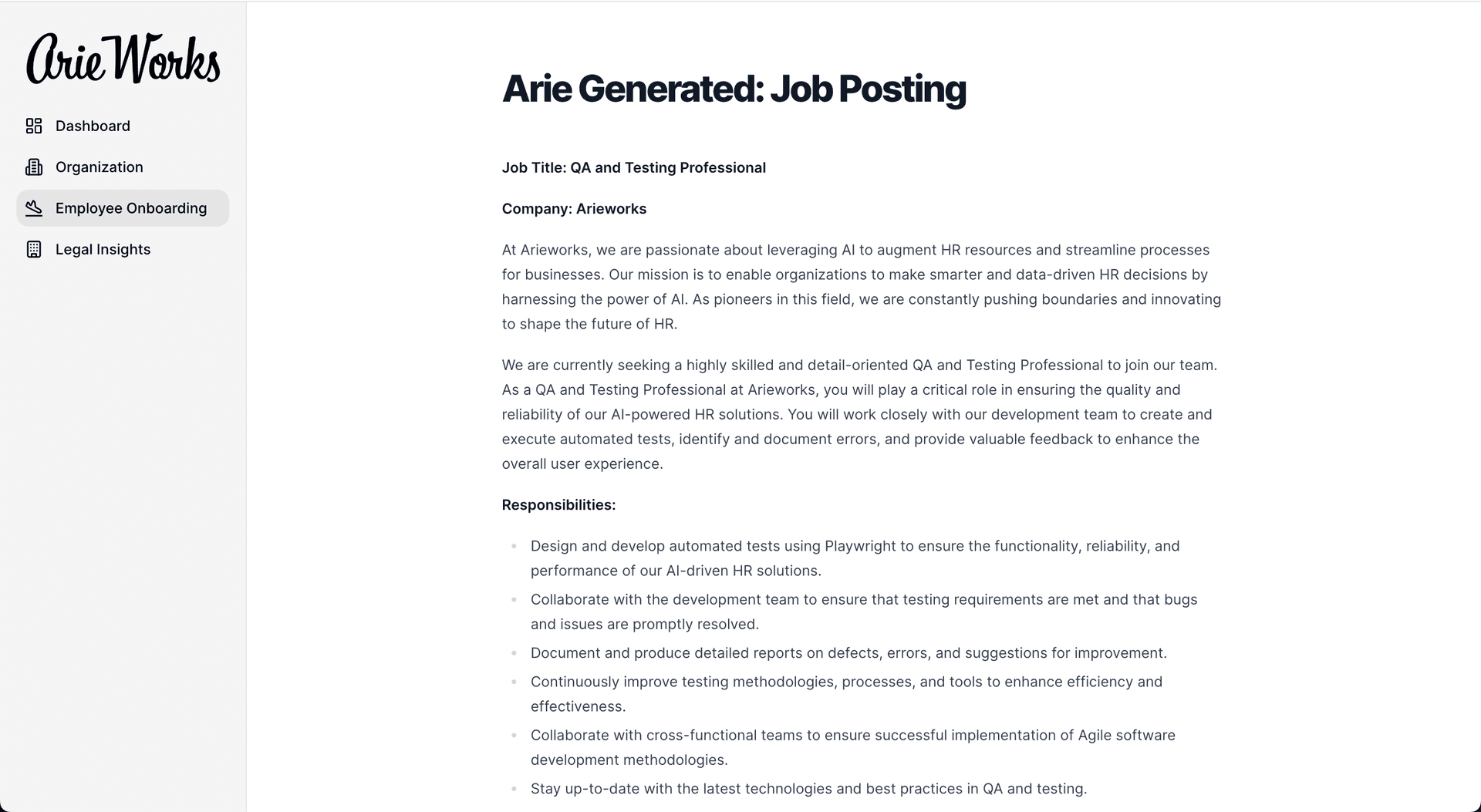 Job description generated by ArieWorks